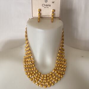 1788 NIP Cherie 5 Row Yellow Stones Gold 18" Necklace with Matching Earrings